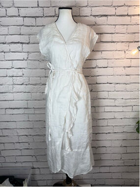 Women's Joie White Linen Wrap Midi Dress size XS Oversized Ruffle Sun Dress